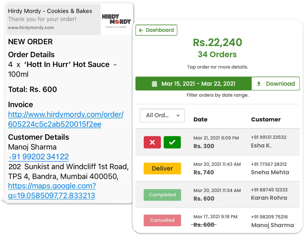 WhatsApp order notification and online store dashboard on MyEasyStore